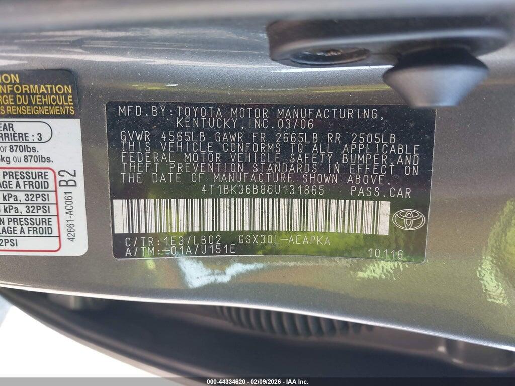 4T1BK36B86U131865 2006 TOYOTA AVALON photo no. 9