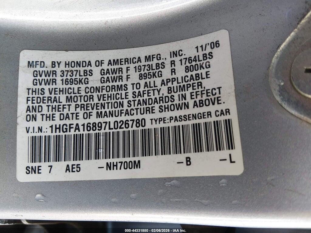 1HGFA16897L026780 2007 HONDA CIVIC photo no. 9