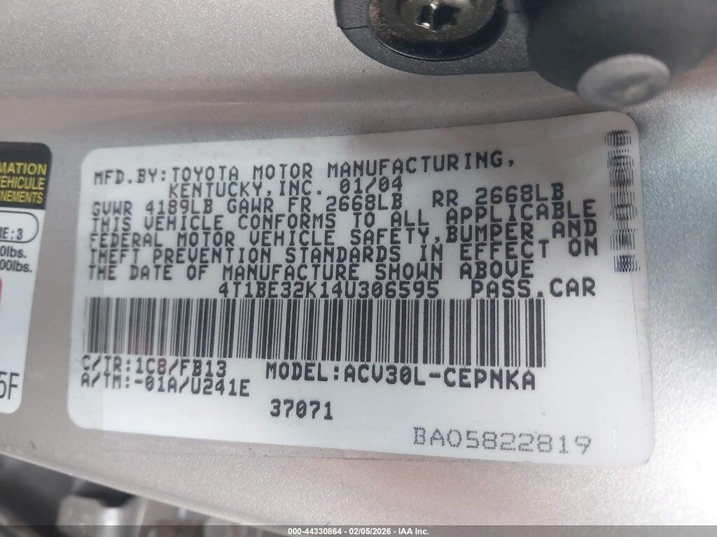 4T1BE32K14U306595 2004 TOYOTA CAMRY photo no. 9