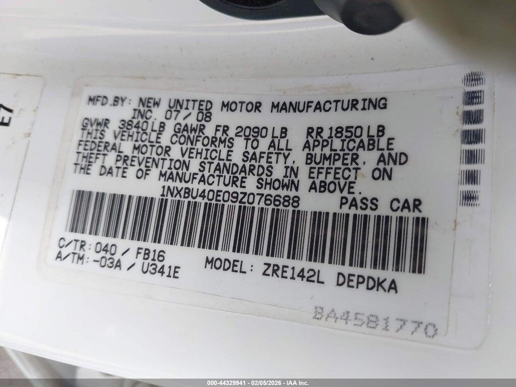 1NXBU40E09Z076688 2009 TOYOTA COROLLA photo no. 9
