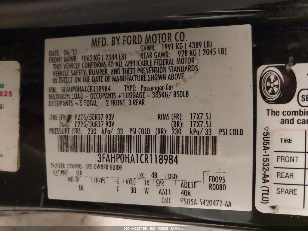 3FAHP0HA1CR118984 2012 FORD FUSION photo no. 9