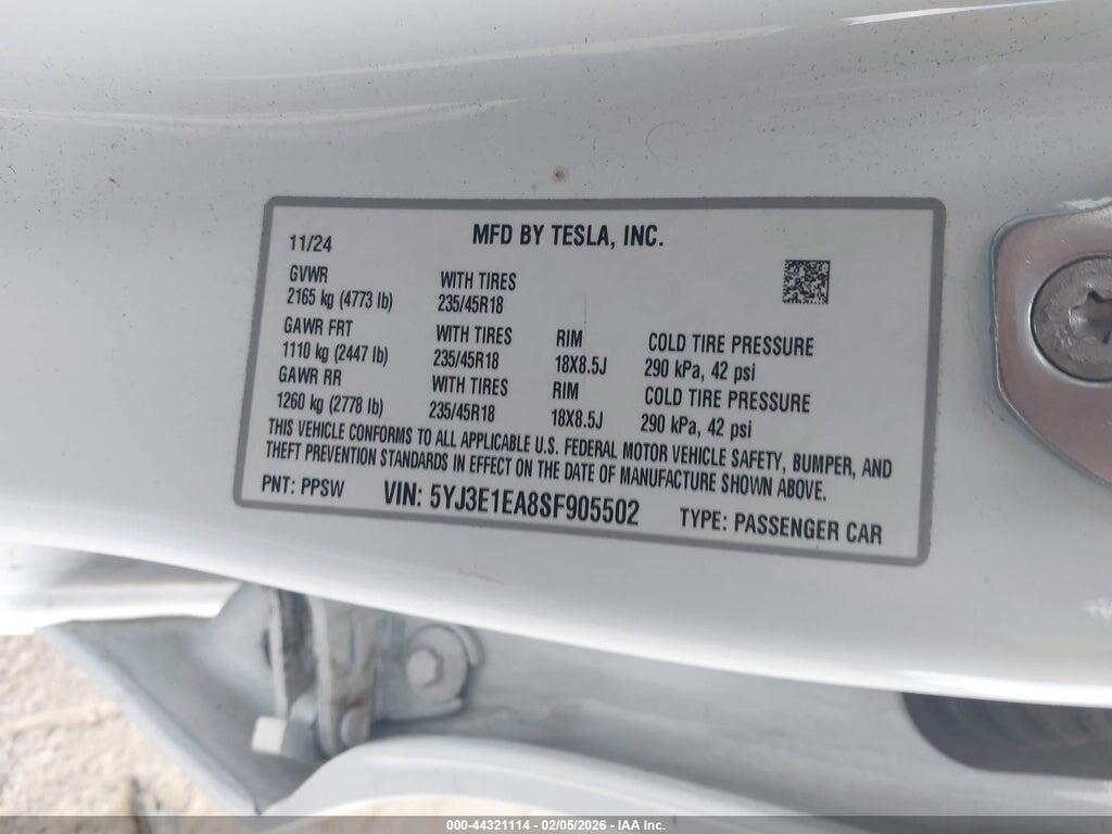 5YJ3E1EA8SF905502 2025 TESLA MODEL 3 photo no. 9