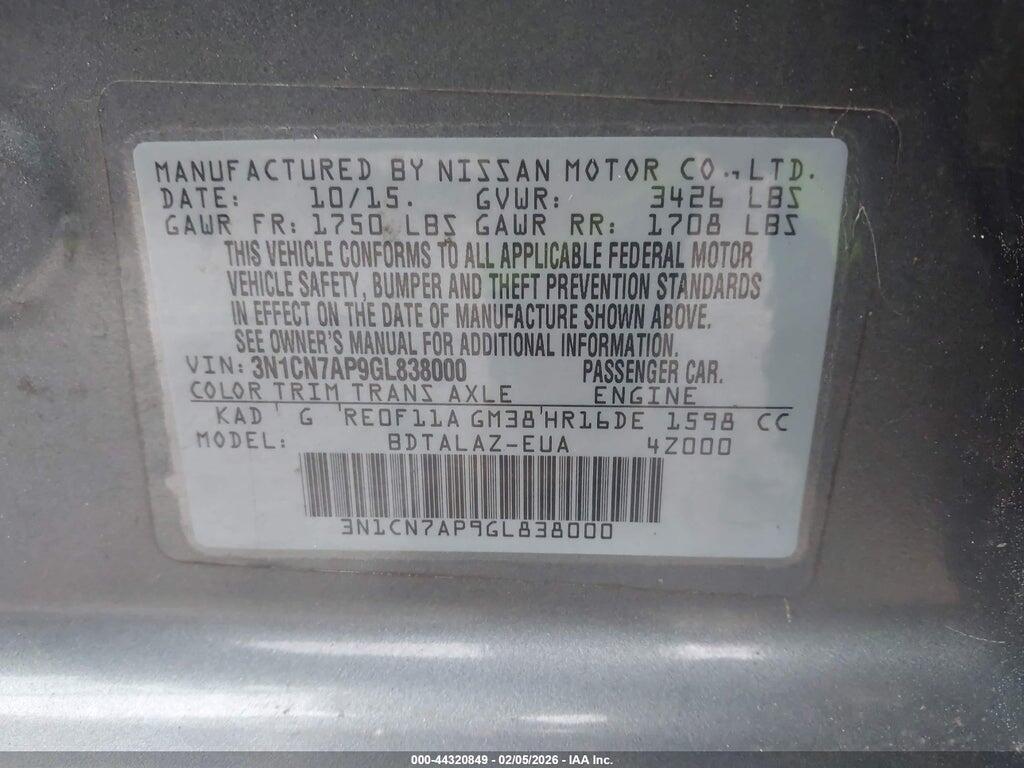 3N1CN7AP9GL838000 2016 NISSAN VERSA photo no. 9