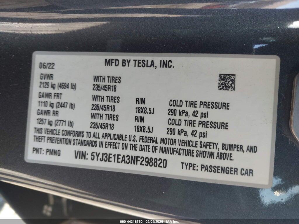 5YJ3E1EA3NF298820 2022 TESLA MODEL 3 photo no. 9