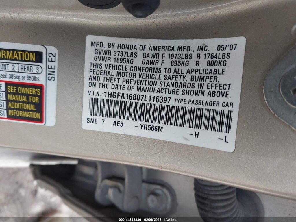1HGFA16807L116397 2007 HONDA CIVIC photo no. 9