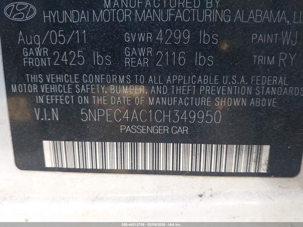 5NPEC4AC1CH349950 2012 HYUNDAI SONATA photo no. 9