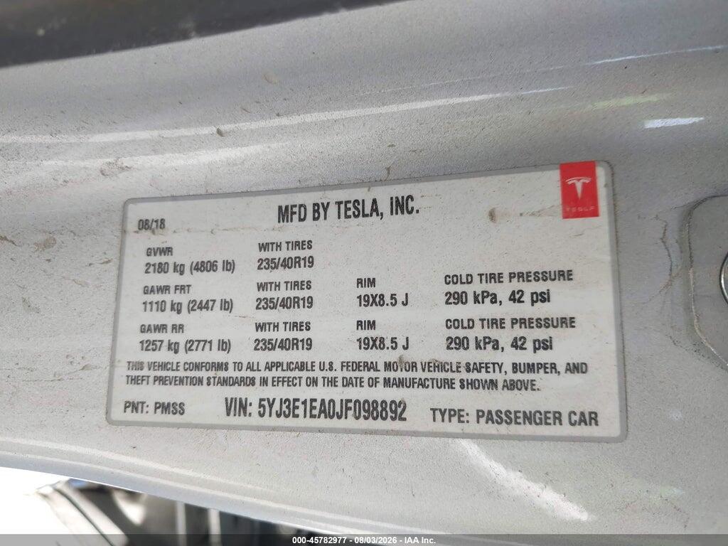 5YJ3E1EA0JF098892 2018 TESLA MODEL 3 photo no. 9