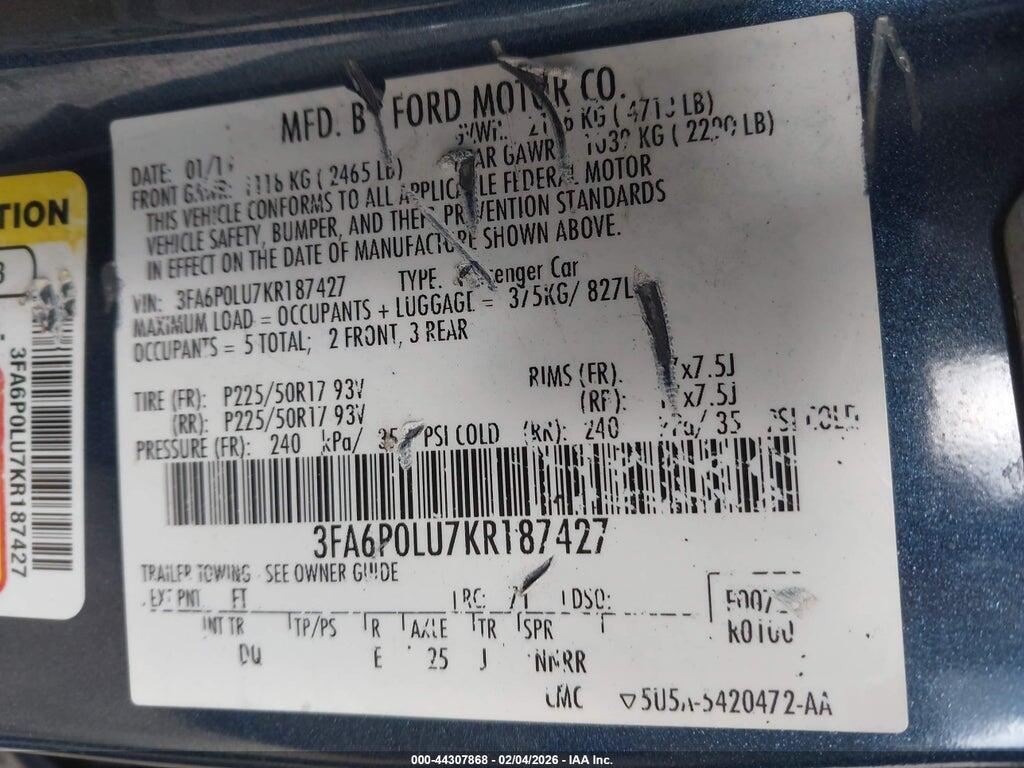 3FA6P0LU7KR187427 2019 FORD FUSION HYBRID photo no. 9