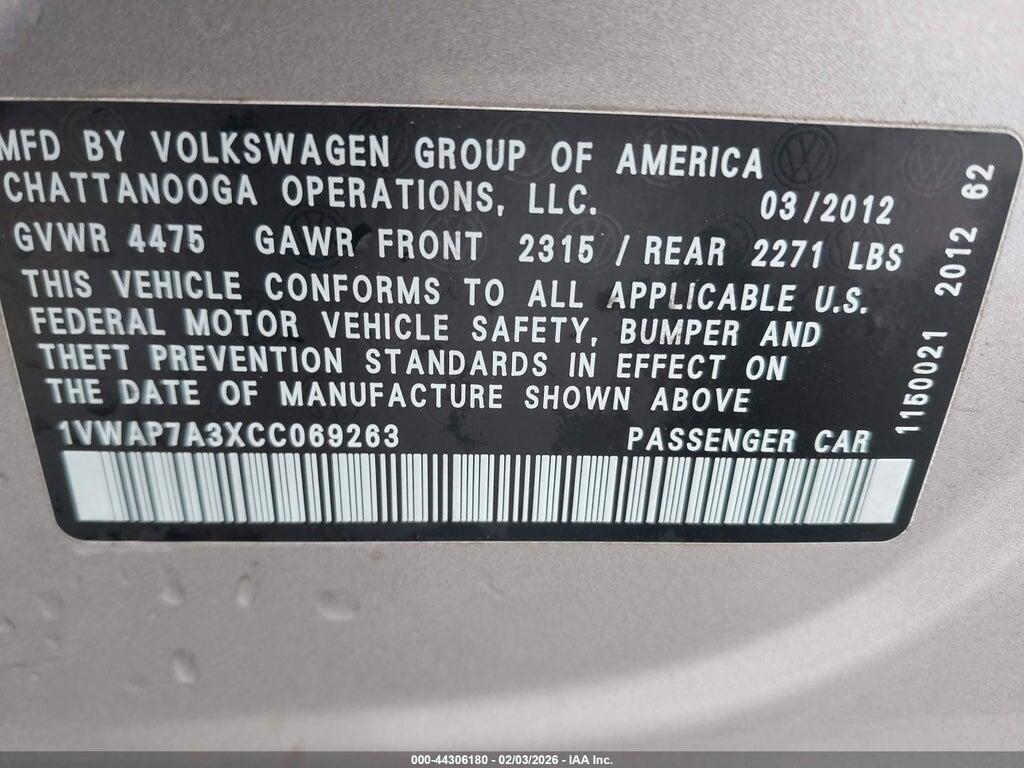 1VWAP7A3XCC069263 2012 VOLKSWAGEN PASSAT photo no. 9