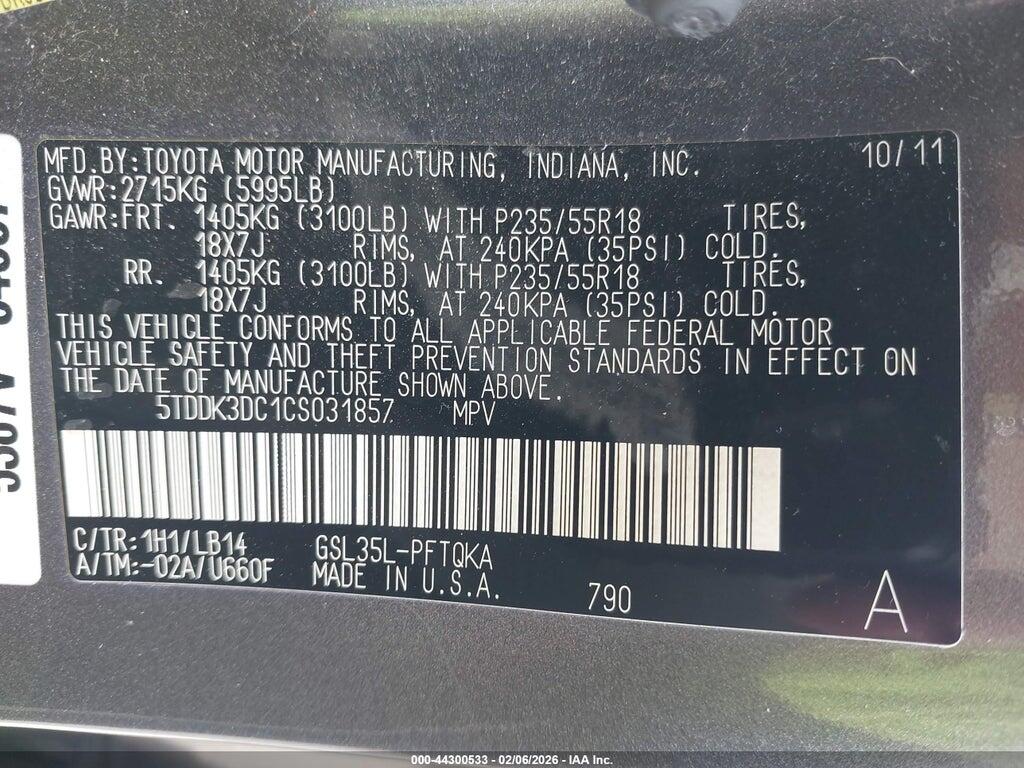 5TDDK3DC1CS031857 2012 TOYOTA SIENNA photo no. 9
