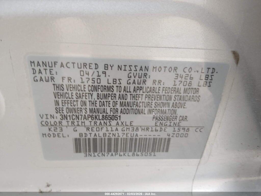 3N1CN7AP6KL865051 2019 NISSAN VERSA photo no. 9