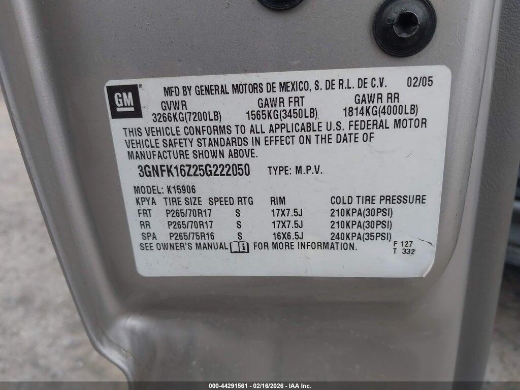 3GNFK16Z25G222050 2005 CHEVROLET SUBURBAN 1500 photo no. 9
