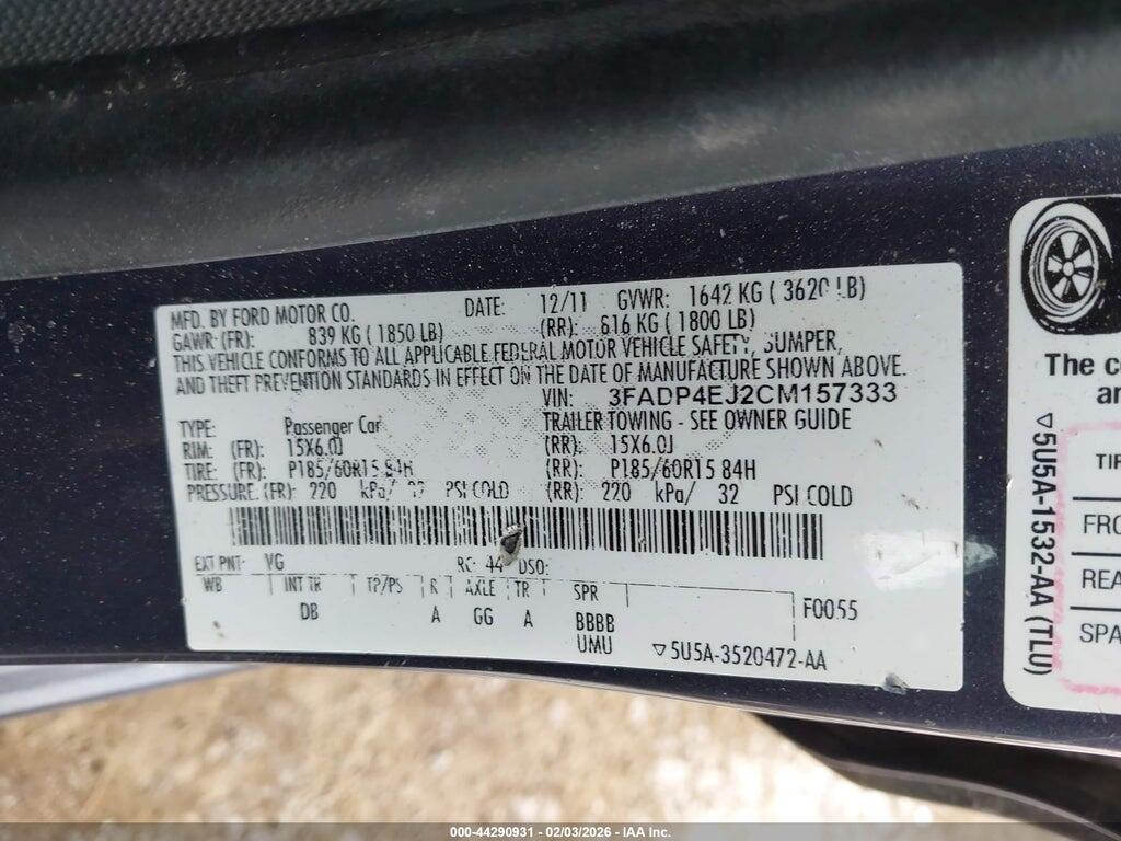 3FADP4EJ2CM157333 2012 FORD FIESTA photo no. 9
