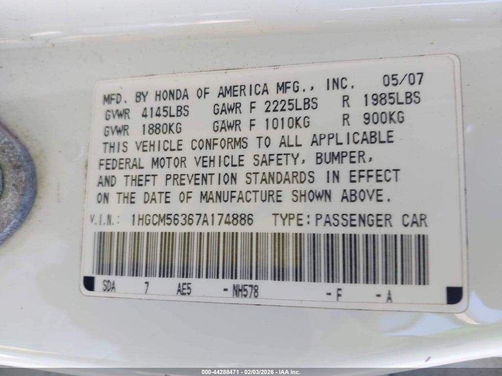 1HGCM56367A174886 2007 HONDA ACCORD photo no. 9