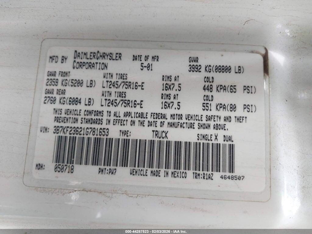 3B7KF23621G781653 2001 DODGE RAM 2500 photo no. 8