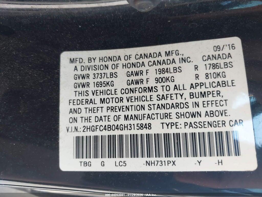 2HGFC4B04GH315848 2016 HONDA CIVIC photo no. 9