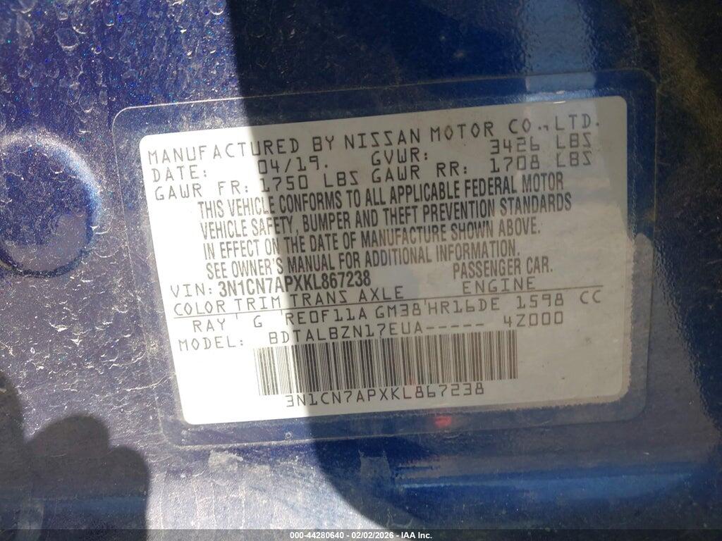 3N1CN7APXKL867238 2019 NISSAN VERSA photo no. 9