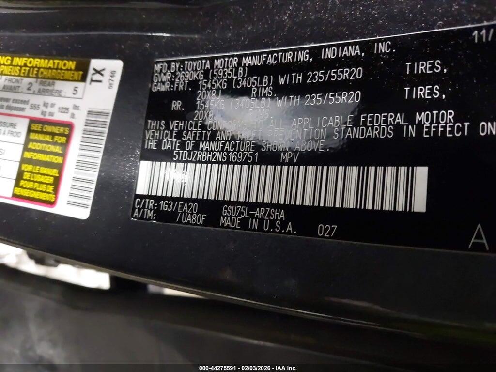 5TDJZRBH2NS169751 2022 TOYOTA HIGHLANDER photo no. 9