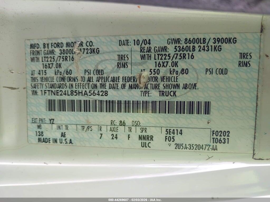 1FTNE24L85HA56428 2005 FORD E-250 photo no. 9
