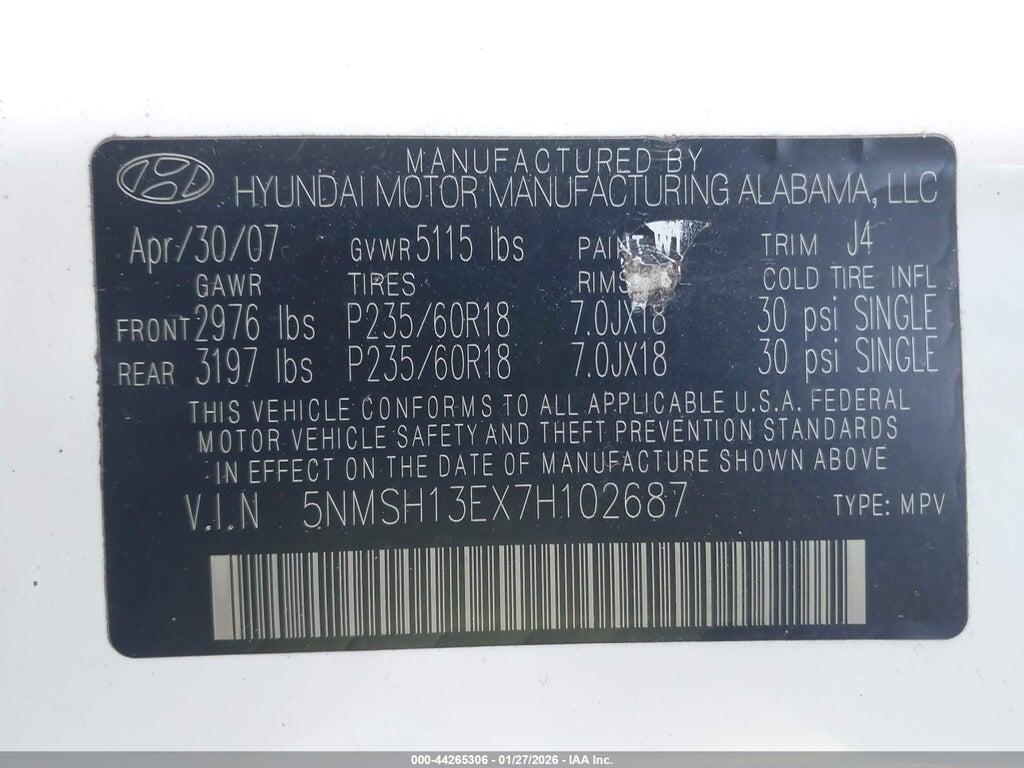 5NMSH13EX7H102687 2007 HYUNDAI SANTA FE photo no. 9