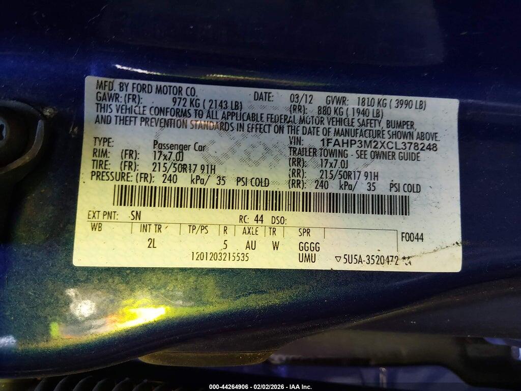 1FAHP3M2XCL378248 2012 FORD FOCUS photo no. 9