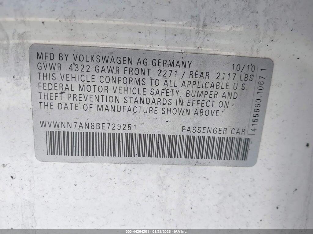 WVWNN7AN8BE729251 2011 VOLKSWAGEN CC photo no. 9