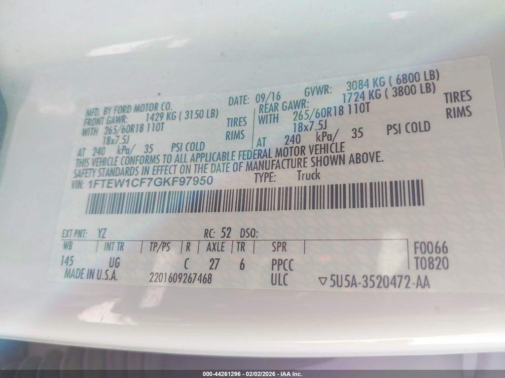1FTEW1CF7GKF97950 2016 FORD F-150 photo no. 9