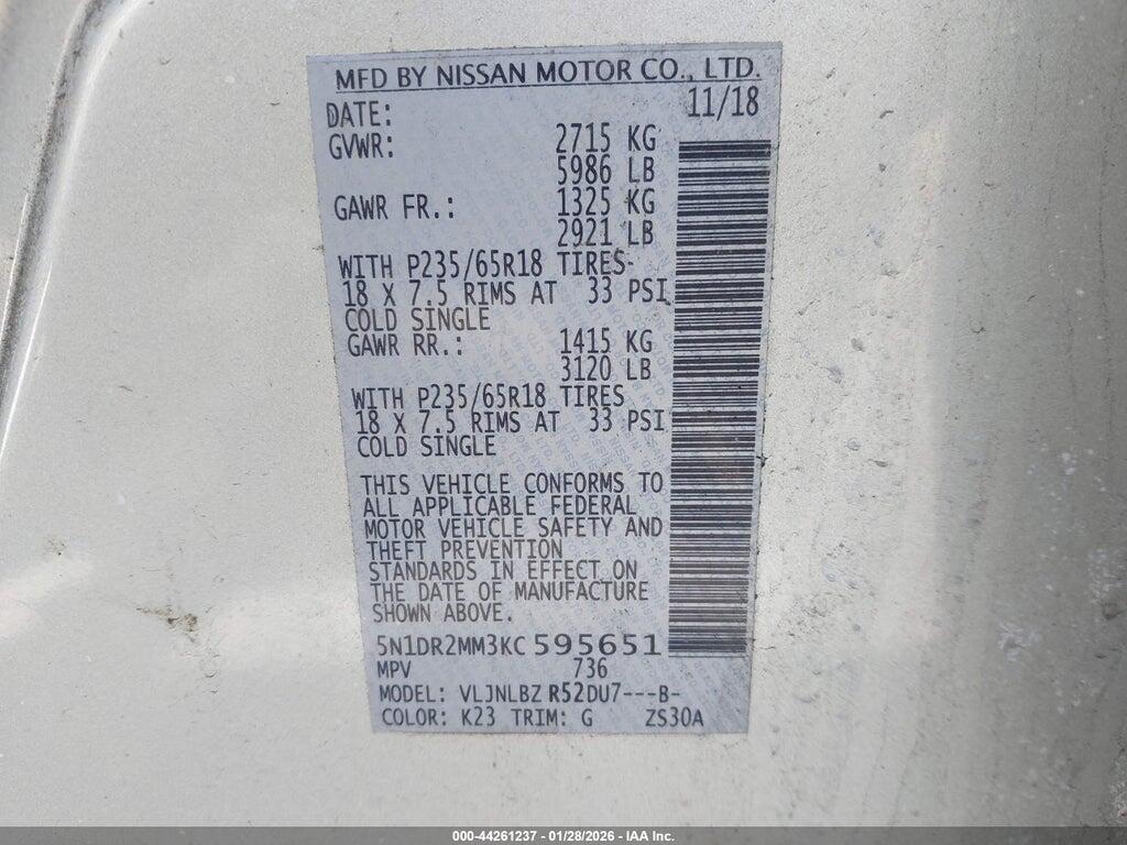 5N1DR2MM3KC595651 2019 NISSAN PATHFINDER photo no. 9