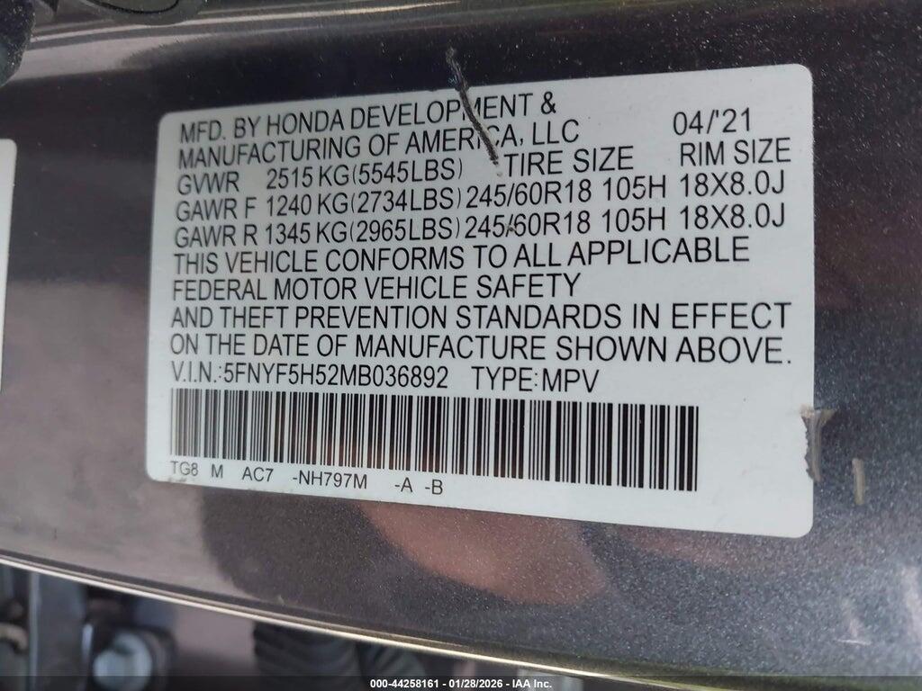 5FNYF5H52MB036892 2021 HONDA PILOT photo no. 9