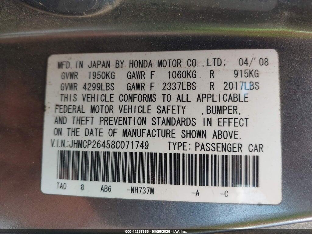JHMCP26458C071749 2008 HONDA ACCORD photo no. 9