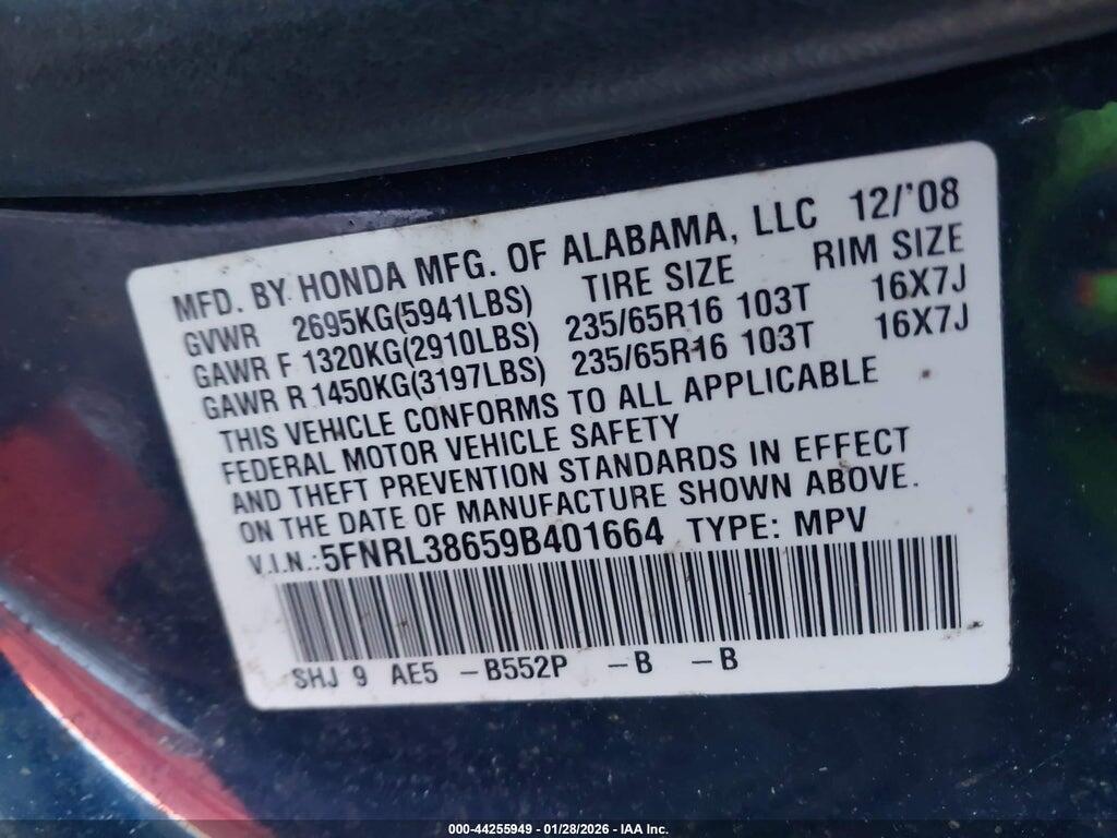 5FNRL38659B401664 2009 HONDA ODYSSEY photo no. 9