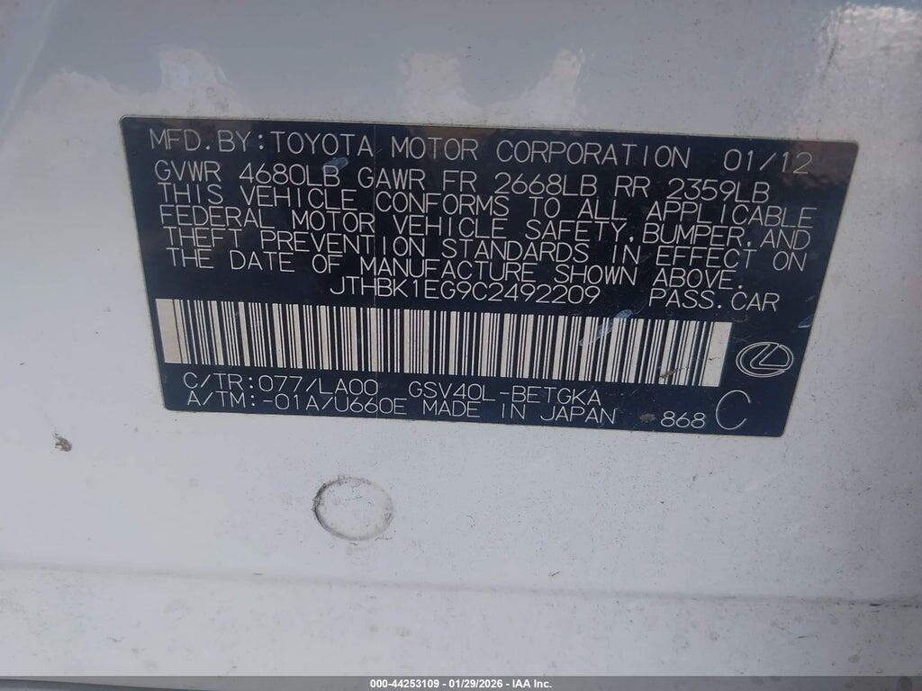 JTHBK1EG9C2492209 2012 LEXUS ES 350 photo no. 9