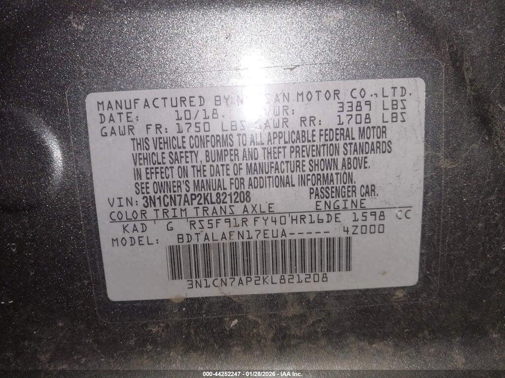 3N1CN7AP2KL821208 2019 NISSAN VERSA photo no. 9