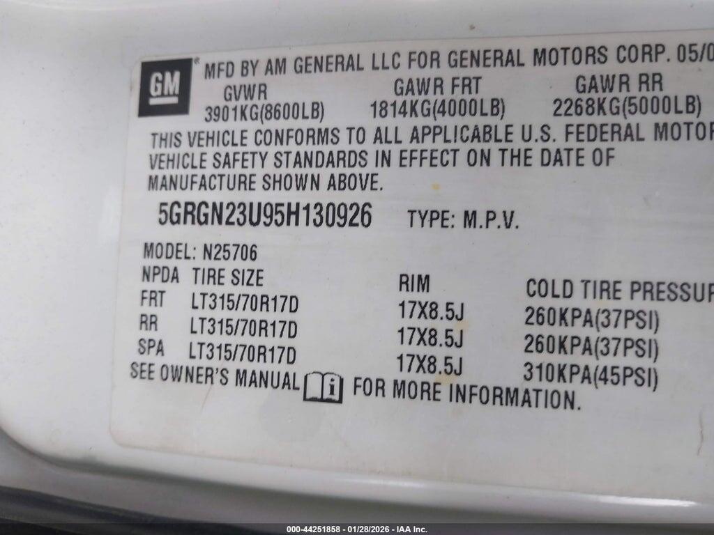 5GRGN23U95H130926 2005 HUMMER H2 SUV photo no. 9