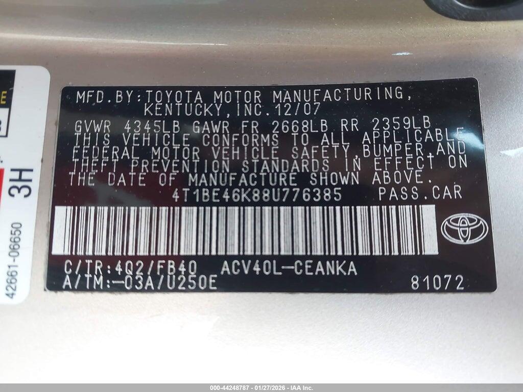 4T1BE46K88U776385 2008 TOYOTA CAMRY photo no. 9