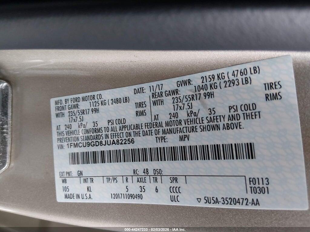 1FMCU9GD8JUA82256 2018 FORD ESCAPE photo no. 9