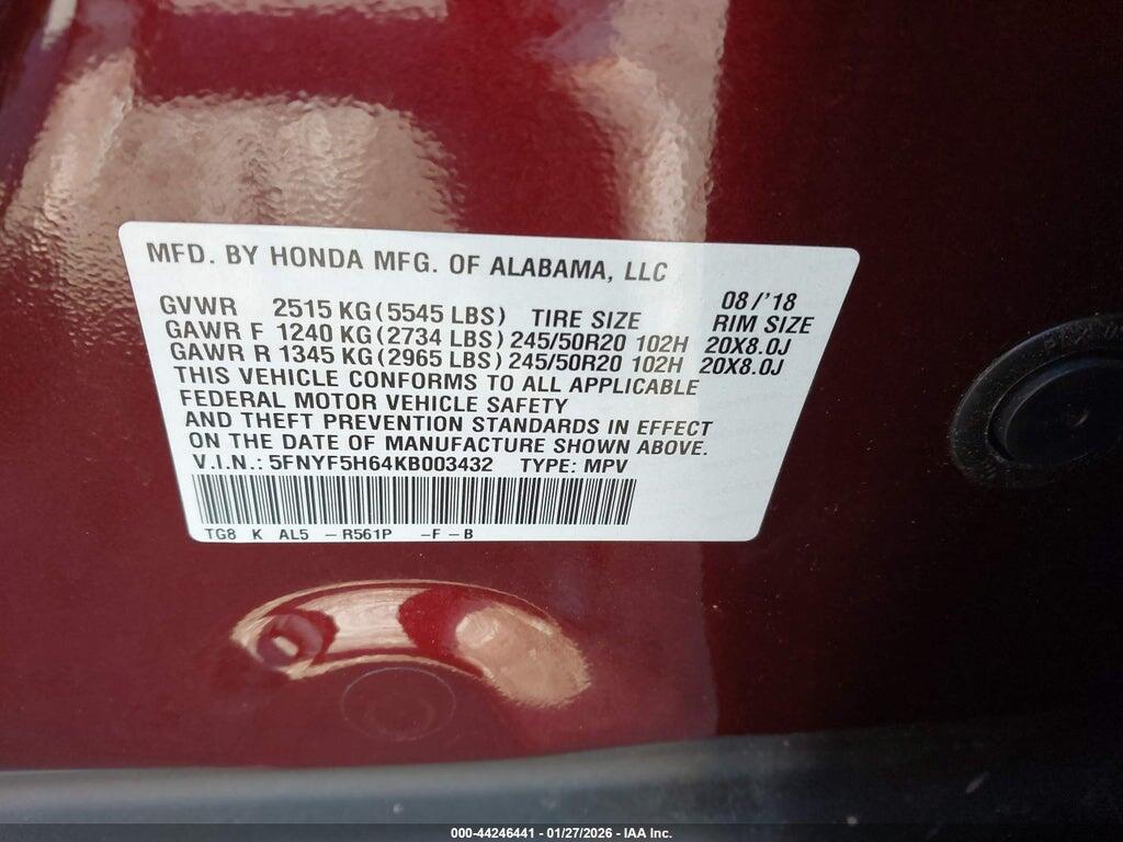 5FNYF5H64KB003432 2019 HONDA PILOT photo no. 9