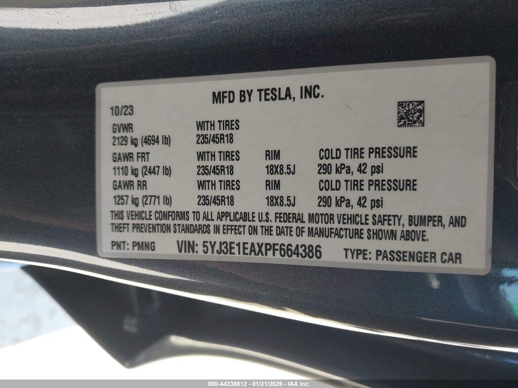 5YJ3E1EAXPF664386 2023 TESLA MODEL 3 photo no. 9