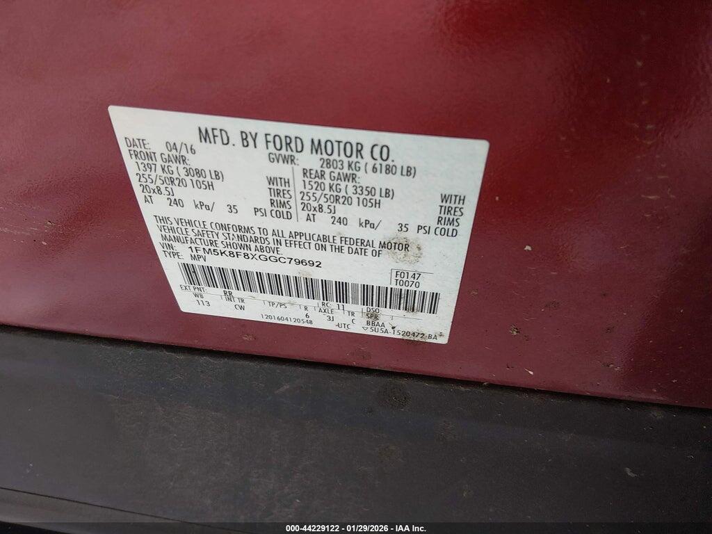 1FM5K8F8XGGC79692 2016 FORD EXPLORER photo no. 9