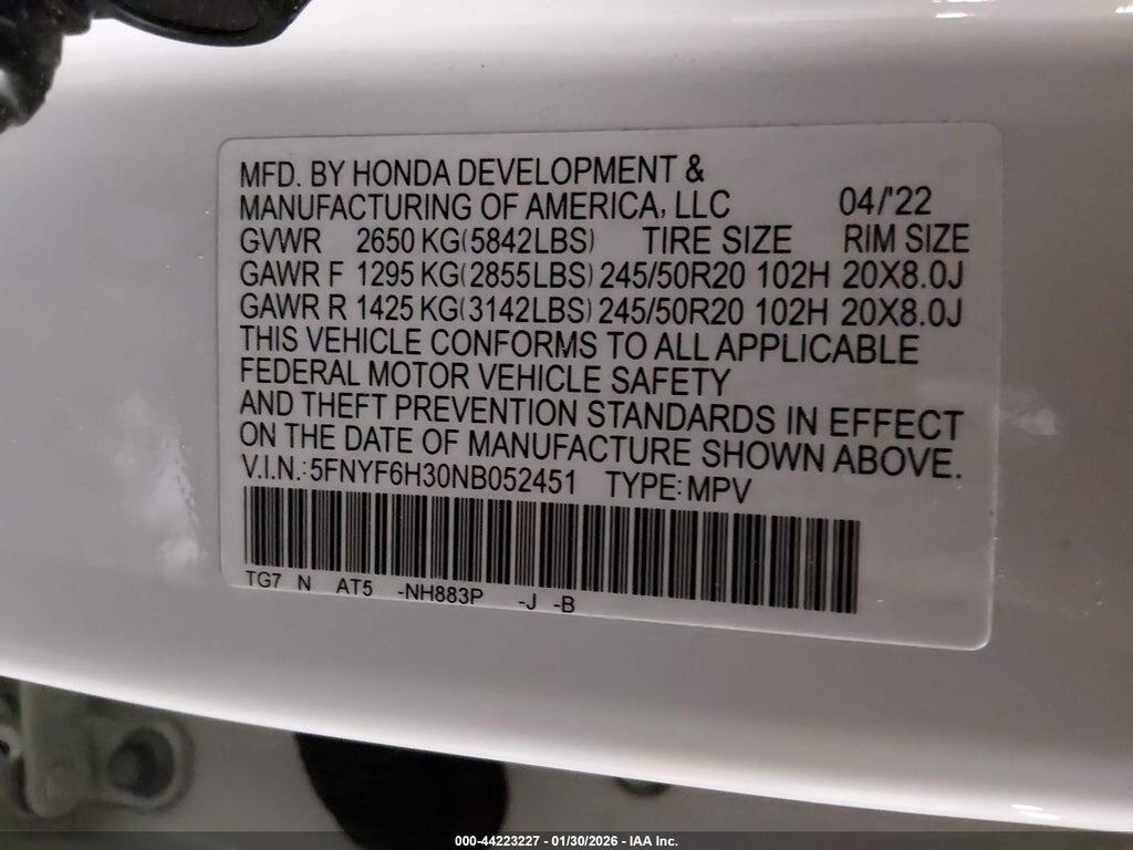 5FNYF6H30NB052451 2022 HONDA PILOT photo no. 9