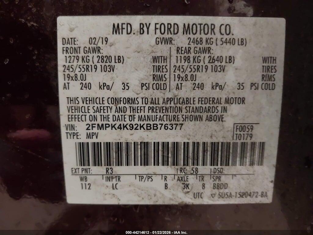 2FMPK4K92KBB76377 2019 FORD EDGE photo no. 9