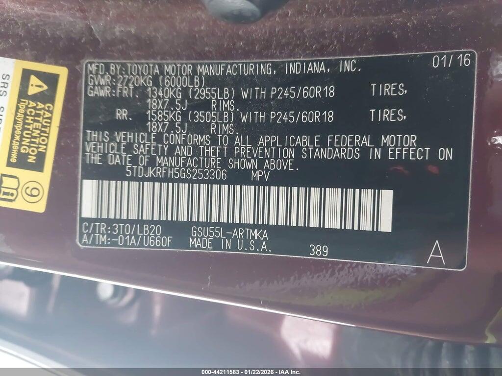5TDJKRFH5GS253306 2016 TOYOTA HIGHLANDER photo no. 9