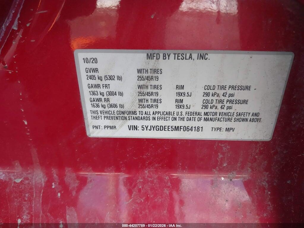 5YJYGDEE5MF064181 2021 TESLA MODEL Y photo no. 9