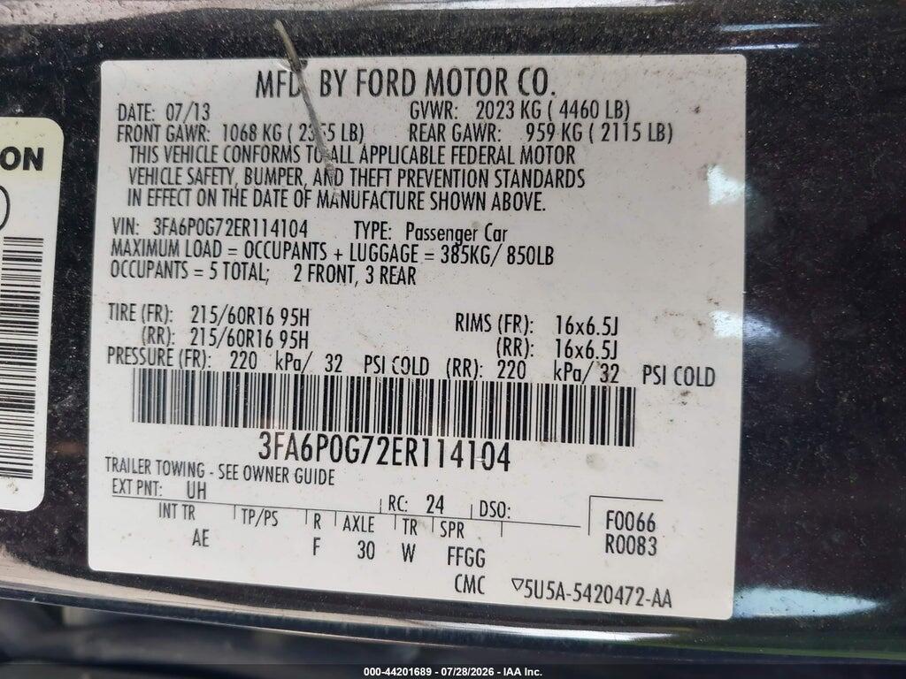 3FA6P0G72ER114104 2014 FORD FUSION photo no. 9