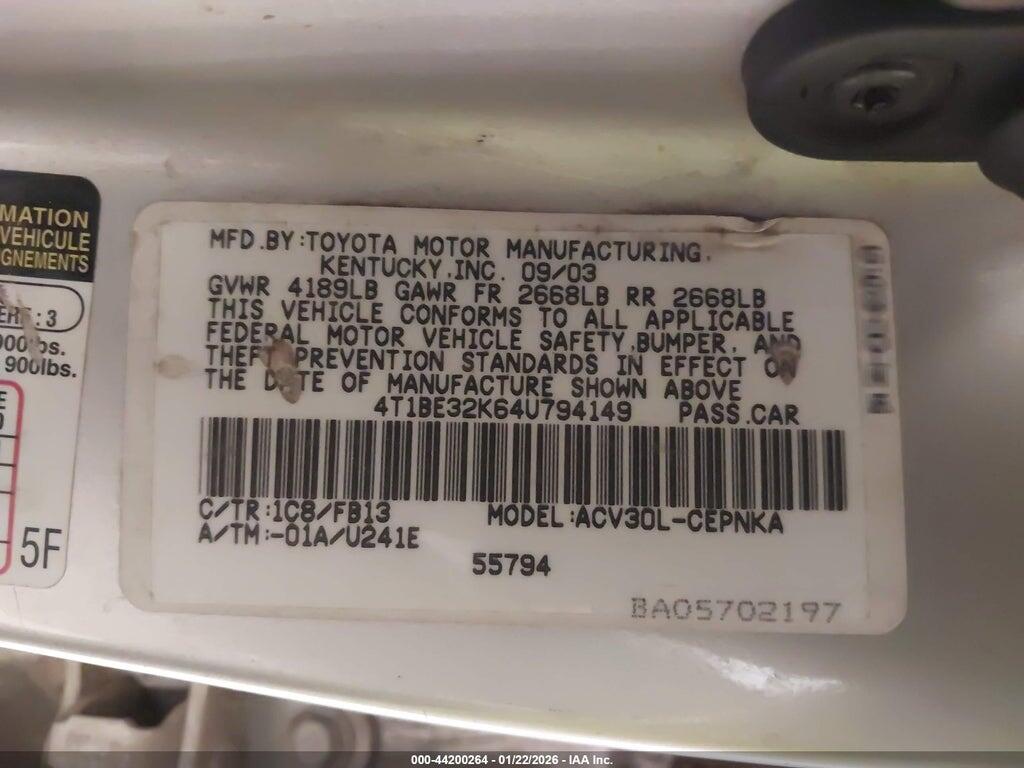 4T1BE32K64U794149 2004 TOYOTA CAMRY photo no. 9