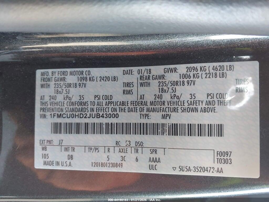 1FMCU0HD2JUB43000 2018 FORD ESCAPE photo no. 9