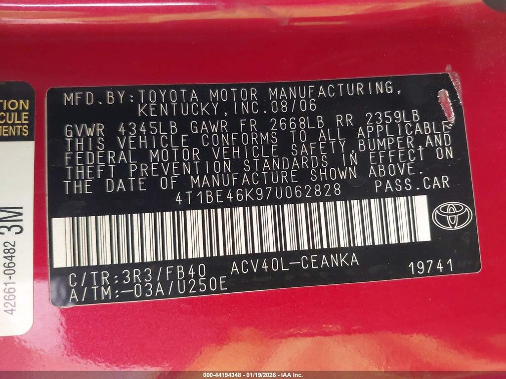 4T1BE46K97U062828 2007 TOYOTA CAMRY photo no. 9