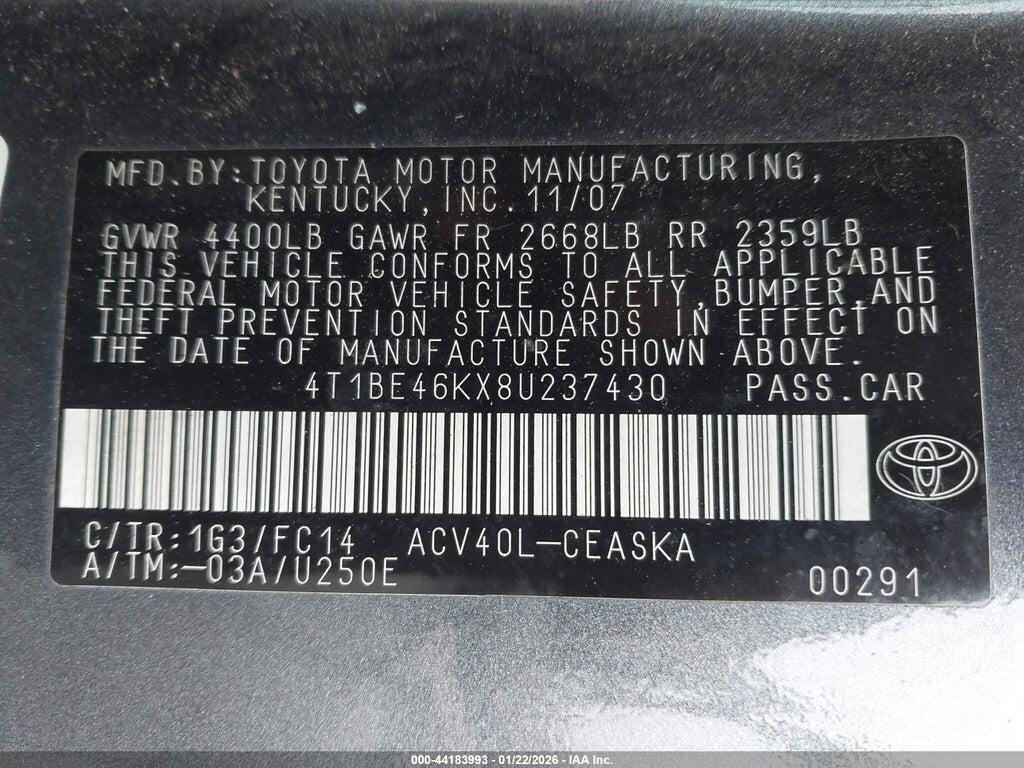 4T1BE46KX8U237430 2008 TOYOTA CAMRY photo no. 9