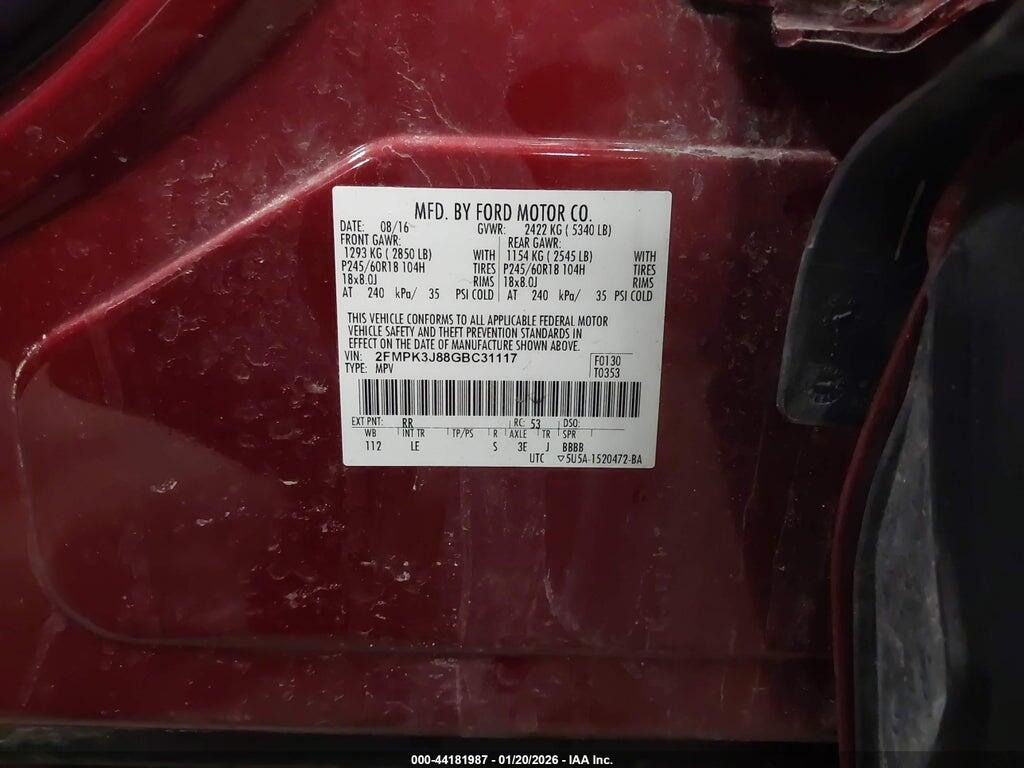 2FMPK3J88GBC31117 2016 FORD EDGE photo no. 9