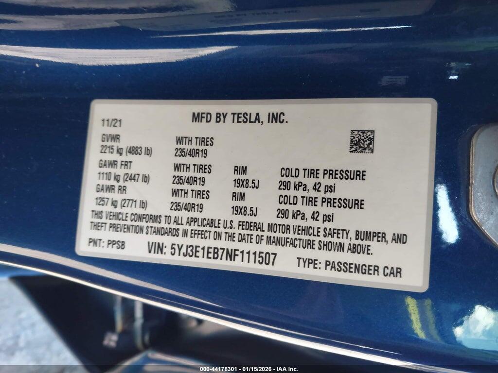 5YJ3E1EB7NF111507 2022 TESLA MODEL 3 photo no. 9
